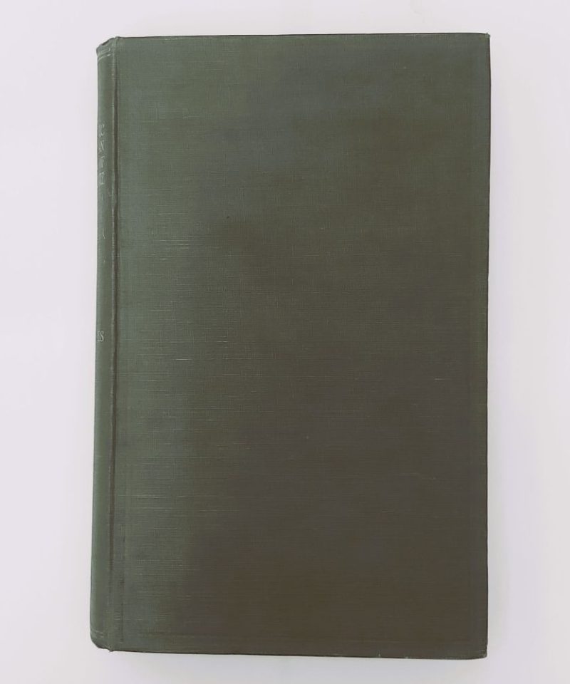 Prehistoric and Roman Remains of Denbighshire Davies (1)a Front board of an antiquarian hardback book bound in plain, unornamented dark green ribbed cloth, shot from a flat overhead perspective.
