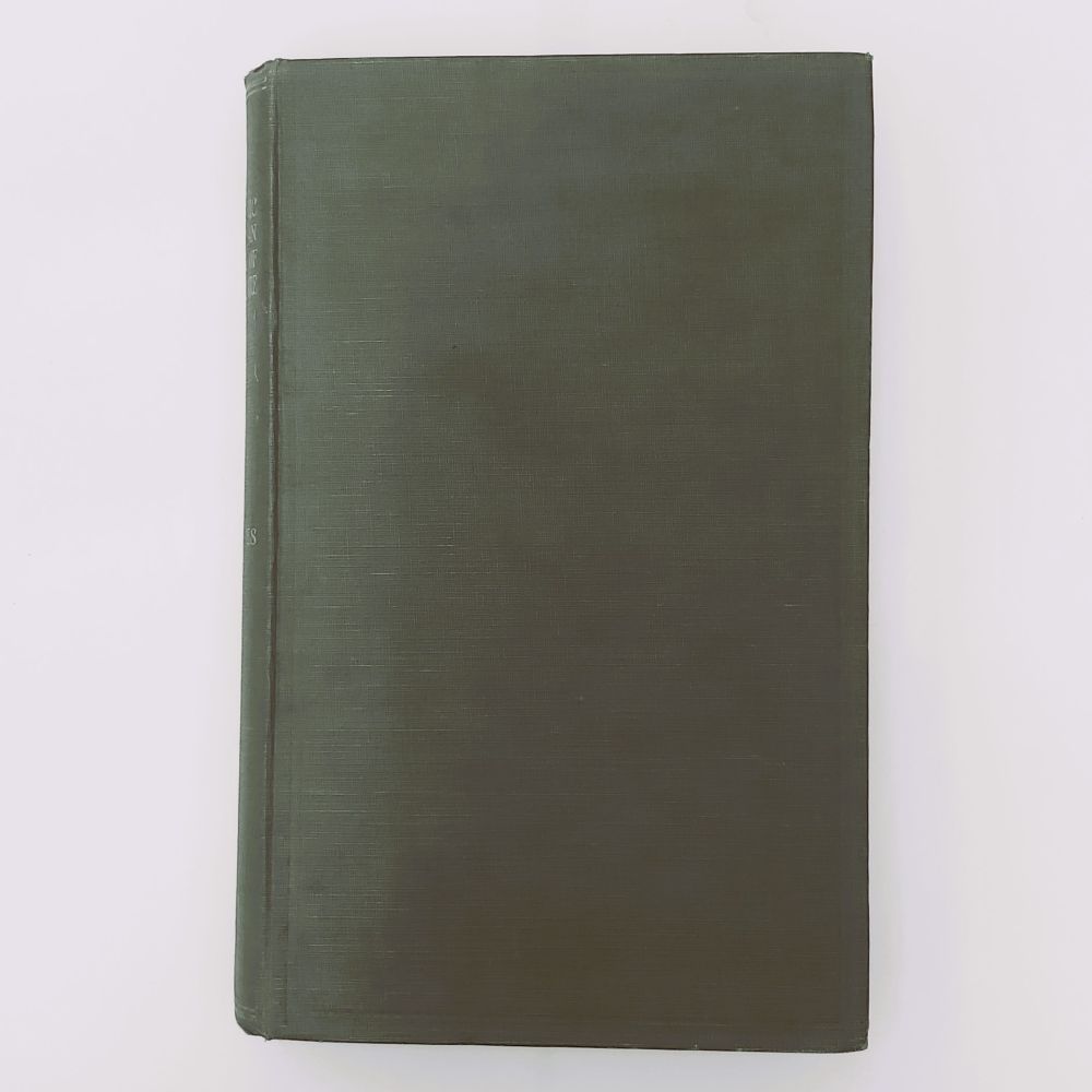 Prehistoric and Roman Remains of Denbighshire Davies (1)a Front board of an antiquarian hardback book bound in plain, unornamented dark green ribbed cloth, shot from a flat overhead perspective.