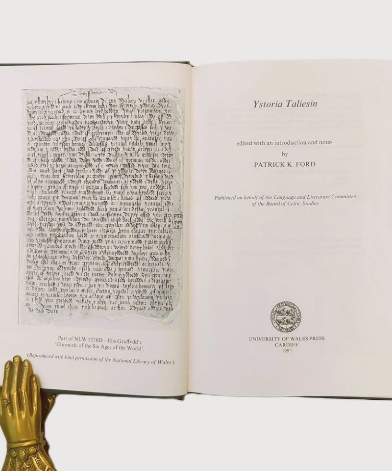 Ystoria Taliesin Ford (5)a Open title page of the book dated 1992, facing a monochrome manuscript facsimile plate of Elis Gruffydd's 16th-century text from the National Library of Wales.