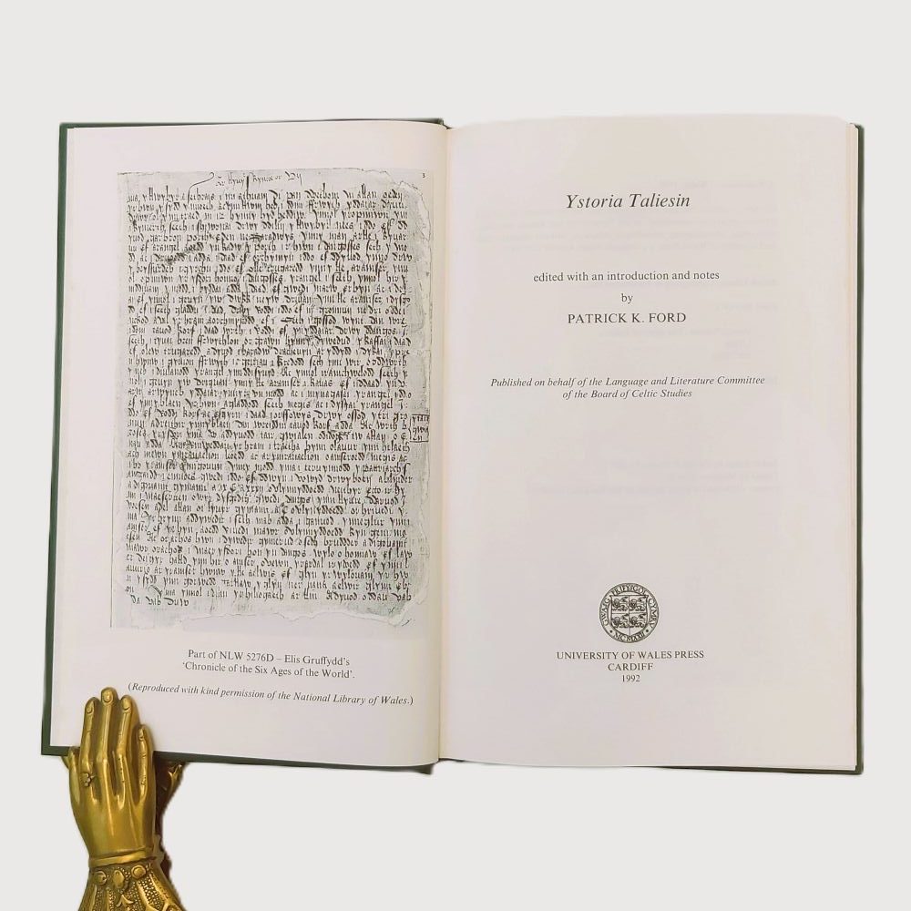 Ystoria Taliesin Ford (5)a Open title page of the book dated 1992, facing a monochrome manuscript facsimile plate of Elis Gruffydd's 16th-century text from the National Library of Wales.