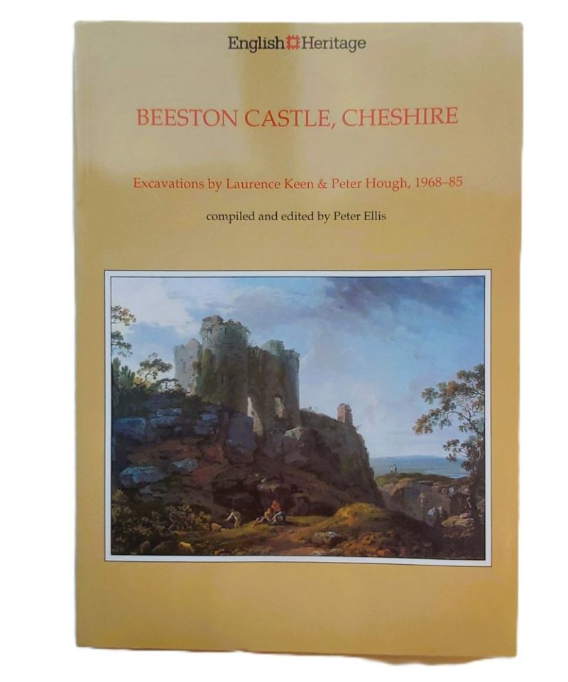 Front cover of the English Heritage paperback volume showing a historical painting of Beeston Castle ruins against a sandstone cliff, below red and black title text.
