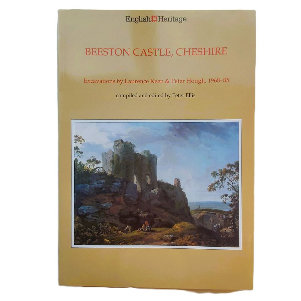 Front cover of the English Heritage paperback volume showing a historical painting of Beeston Castle ruins against a sandstone cliff, below red and black title text.